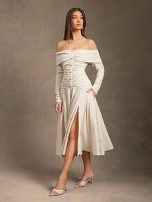 L'Amorae 女士拉绒针织低腰露肩中长连衣裙，带五金细节 - 米色 - 查看 1