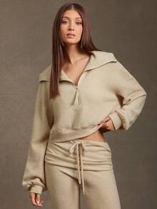 L'Amorae 女式纯色半拉链长袖上衣和打结长裤休闲两件套 - 杏色 - 查看 5