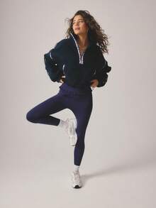 Aralina 休闲服秋冬半拉链花卉印花蓬松羊毛夹克，带内部拉绳，健身房锻炼舒适机场服装 - 寶藍色 - 查看 5