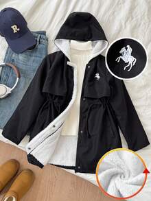 SHEIN Áo khoác parka thêu có mũ trùm đầu cho bé gái tuổi teen, có lớp lót giữ nhiệt, áo khoác mùa thu/đông cho bé gái, áo khoác có mũ trùm đầu màu đen cho bé gái, áo khoác lót lông cừu màu đen cho bé gái, áo khoác có mũ trùm đầu cho bé gái, áo khoác lông cừu thời trang có khóa kéo cho bé gái, áo khoác lông cừu cho bé gái, áo khoác Sherpa cho bé gái màu đen - màu đen - Xem 2
