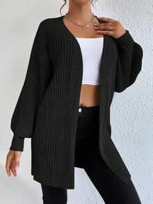 EURMUSE Drop Shoulder Open Front Ribbed Knit Duster Cardigan - Black - View 4