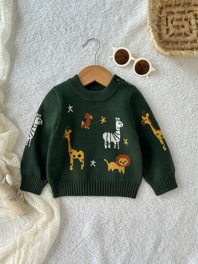 SHEIN Playful Pals Baby Boys' Green Lion & Giraffe Jacquard Knit Sweater, Casual Outdoor Holiday Pullover Sweater, Soft & Comfortable For Daily, Outing, Travel, Vacation, Home, Daycare, Playtime, Back To School, Spring/Autumn/Winter Winter Christmas Halloween Sweater Autumn Fall Jumpers