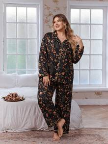 CottageSlumber Floral Print Open Front Collar Long Sleeve Top & Pants Plus Size Pajama Set Fall Winter Clothes - Multicolor - View 3