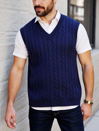 Manfinity Homme 大码男式V领扭纹休闲套头针织背心