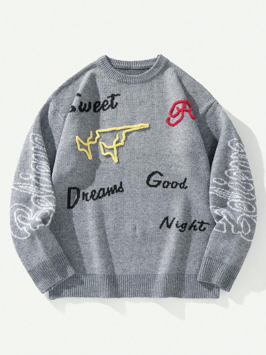 Manfinity Hypemode Suéter de cuello redondo de manga larga con estampado de letras de moda casual para hombre, otoño/invierno - Gris Oscuro - Ver 1