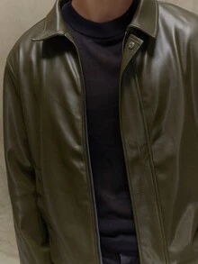 Musero 宽松版型皮革长袖短款隐形门襟皮夹克秋季秋冬 - 軍綠色 - 查看 6