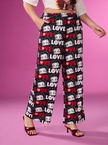 Betty Boop x SHEIN Plus Size Letter And Cartoon Figure Graphic Slant Pocket Casual Pants - Black - View 4