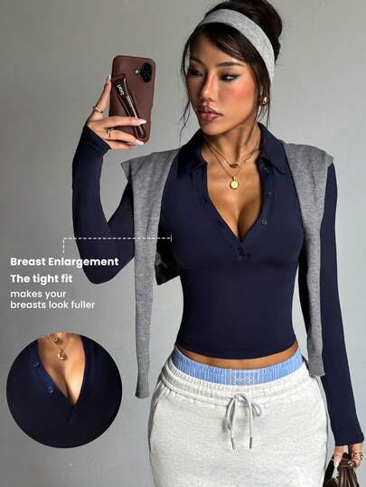 Dewbera Women's Casual Solid Color Long Sleeve Versatile Sports Polo Shirt