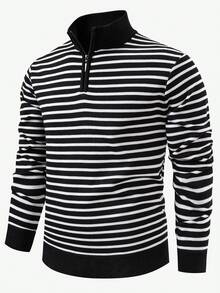 Manfinity Mode Men's Thermal Lined Striped Zip-Up Half Placket Long Sleeve Casual Sweater, Thermal Lined For Autumn/Winter Men Quarter Zip Striped Sweater - Black and White - View 4