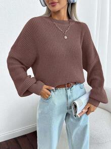 EURMUSE Women Solid Color Round Neck Drop Shoulder Chunky Pullover - Rusty Rose - View 5