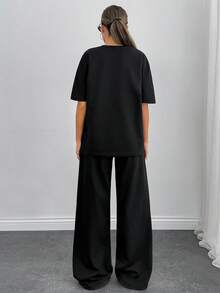 EURMUSE 2 Pcs, Rhinestone Details T-Shirt & Wide Leg Pant - Black - View 2