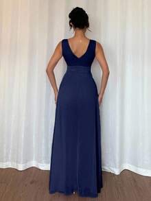 Rafferiza Elegant V-Neck Pleated Waist Pearl Chiffon Wide Leg Jumpsuit, Suitable For Wedding Guest Attire, Purple - Navy Blue - View 2