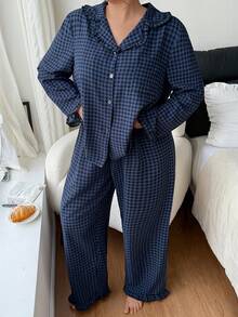 Plus Size Plaid Lapel Top & Pants Pajama Set Fall Winter Clothes - Multicolor - View 7