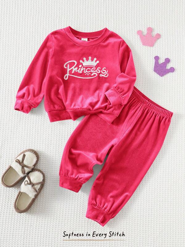 Cozy Pixies 2pcs Baby Girl Crown & Letter Embroidered Fleece Crew Neck Long Sleeve Sweatshirt And Elastic Waist Jogger Pants Set Cozy Pixies Baby Girl Set Baby Girl Sweat Set Baby Girl Princess Casual Pant Sets Baby Girl Full Sleeve With Pant