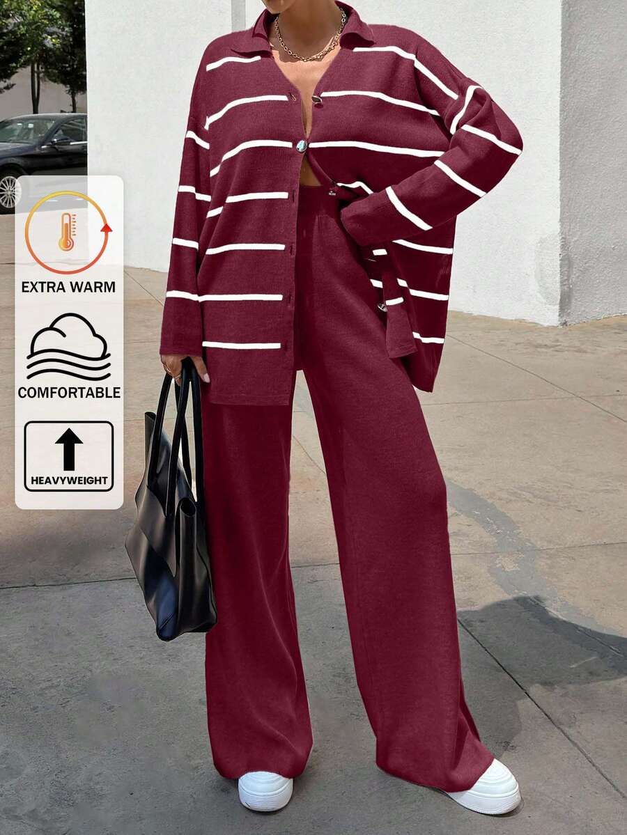 Women Striped Sweater Cardigan And Pant Set,Petite Co Ord,Co Ord,Petite,Winter Clothes - Burgundy - View 1