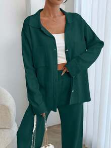 EURMUSE Women Solid Color Collar Neck Front Button Pocket Detailed Pullover & Sweater Pants Set,Winter Clothes - Dark Green - View 2