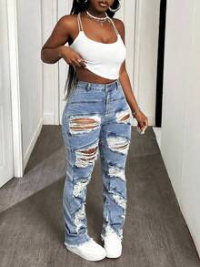 SHEIN SXY 加大码女式牛仔风格破洞秋季 Y2K 宽松破洞牛仔牛仔裤 - 淺色水洗藍 - 查看 4