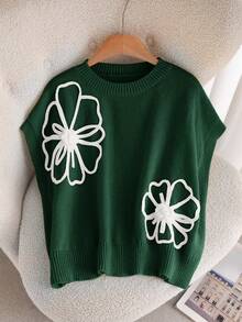 CosyJoli Plus Size Women Floral Pattern Sleeveless Knit Pullover Top - Dark Green - View 3