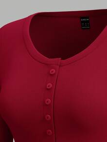 SHEIN EZwear 3件装纽扣门襟褶皱长袖休闲T恤女装3件装上衣长袖上衣修身上衣女式紧身上衣V领上衣女式长袖上衣 - 酒紅色 - 查看 4
