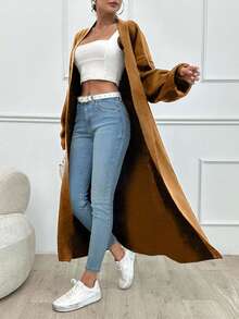 SHEIN Tall Dual Pocket Drop Shoulder Cardigan,Tall In Women,Cardigans,Long Cardigans Woman,Petite,Tall - Camel - View 5