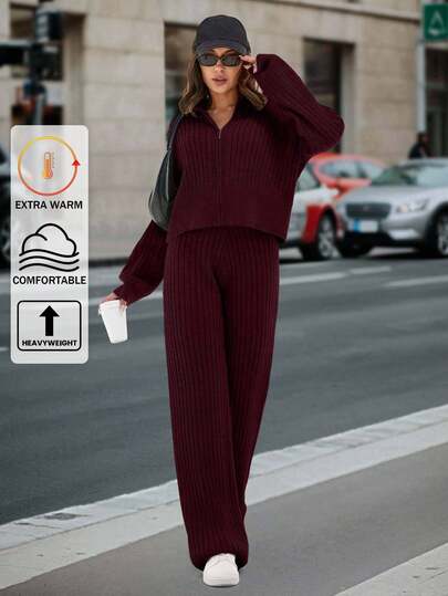 SHEIN Tall Drop Shoulder Zip Up Cardigan & Knit Pants,Petite Co Ord Set,Co Ords Sets Women,Petite Co Ord,Winter Co Ord Set,Co Ord,Loungewear Set,Knitted Co Ord Set,Petite,Winter Clothes,Two Piece Set Women
