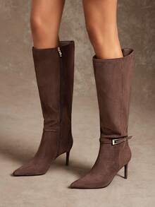 SHUZIA Women's Fashionable Comfortable Sexy Point Toe Ankle Strap Stiletto Heel Knee-High Boots With Inner Zipper - Chocolate Brown - View 5