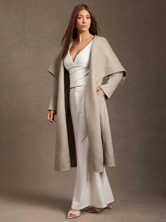 L'Amorae Elegant långärmad kappa med knytband i midjan för kvinnor