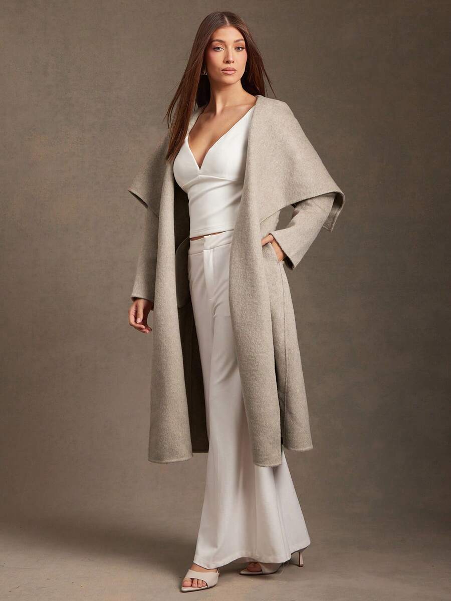 L'Amorae 女士纯色腰带裹身优雅长袖外套 - 卡其色 - 查看 1