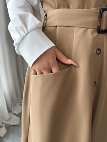 Elenzga Robe mi-longue évasée élégante pour femmes avec col ras-du-cou, ceinture et poches. Ensemble 2 pièces avec chemise blanche. Tenue de bureau/travail