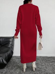 EURMUSE 女士纯色圆领优雅办公室长袖毛衣裙 - 酒紅色 - 查看 2