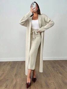 EURMUSE Woman Long Cardigan And Midi Skirt Two Piece Set Co-Ords Beige Two Piece Set Two Piece Lounge Set Beige Lounge Set Knit Two Piece Set Comfortable Two Piece Set,Winter Clothes Women,Winter Clothes,Autumn Outfits Women - Beige - View 6