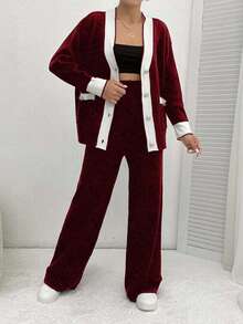 EURMUSE Ladies' Two Pieces Set Of Colorblock Cardigan With Rolled Edge And Drop Shoulder & Pants With Button Fly ,Petite Women - Burgundy - View 5