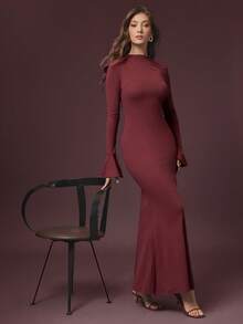 L'Amorae Damen Pullover-Strick-Kleid mit Rückenausschnitt und Stehkragen, gemütlich für Feiertage und Lässig Abende - Rot - Übersicht 3
