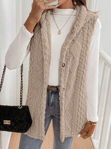 Pariaura Christmas Women's Solid Color Hooded Fashionable Furry Sleeveless Jacket - Camel - View 5