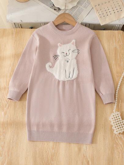 SHEIN Vintaside Kids Vestido de suéter de punto para niñas y niñas pequeñas, nueva llegada. Adorable patrón de gatito esponjoso en la parte delantera. Tela gris esponjosa suave y cómoda, tejida con agujas. Adecuado para usar en otoño/invierno. La técnica de tejido especial mejora la calidad general y la artesanía. Tela suave y cómoda de alta calidad para un uso prolongado. Adecuado para la escuela, salidas, tiempo de juego, negocios, festivales y fiestas.