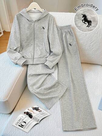 SHEIN LUNE Conjunto de sudadera con capucha y pantalón de chándal de mujer, de moda casual, de unicolor, con bordado, bolsillo, cremallera y corte holgado. Pantalón de chándal de cintura alta, con cordón y pierna recta relajada. Adecuado para uso diario, deportes y tiempo libre.