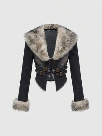 Hippie Chaqueta de mezclilla con cuello de peluche estilo Y2K para mujer