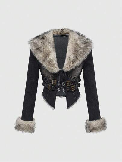 Hippie جاكيت جينز نسائية بياقة فرائية Y2K