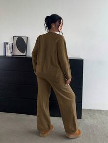 POPSWAY Conjunto de pantalones anchos y de manga larga de punto versátil, suave y favorecedor para uso casual - Marrón - Ver 2