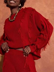 Bóhologie Cozy Yet Chic Fringe Drama Knit Co-Ord – Red Textured Sweater And Wide-Leg Pants Set,Petite,Winter Clothes