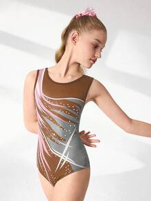SHEIN Tween Girls Printed Stretchy Sleeveless Leotard, Multicolor, Suitable For Gymnastics, Sports Competitions, Daily Training, Vibrant Print, Comfortable Athletic Wear