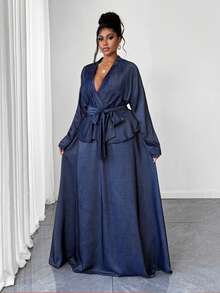 Maweii مجموعة قطعتين للمرأة بحجم كبير - ملابس علوية كم طويل مع تصميم حزام وتنورة متوسطة الطول، كاجوال - أزرق بحري - مشاهدة 7