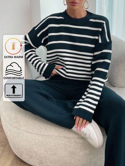 EURMUSE Women Irregular Stripe Pattern Round Neck Drop Shoulder Pullover & Sweater Pants Set,Petite Co Ord,Co Ord,Petite,Winter Clothes