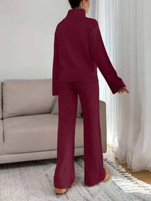 EURMUSE Women Relaxed Fit Turtle-Neck Sweater With Rib Knit Detailed And Straight Knit Pant Set,Co Ord,Winter Clothes - Burgundy - View 2