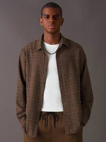 STYNVO 男士休闲格子长袖衬衫，秋季 - 棕色 - 查看 1