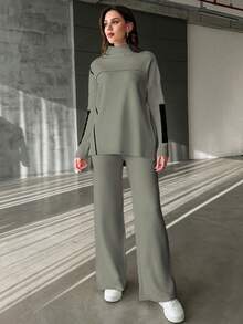 EURMUSE 2 件套女士纯色针织立领毛衣和裤子套装 - 墨綠色 - 查看 5