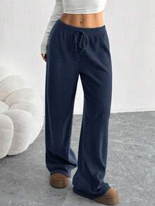 SHEIN EZwear 女式纯色简约日常新款罗纹打底裤 - 藏蓝色 - 查看 6