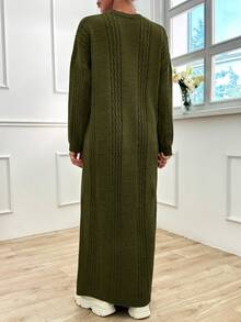 EURMUSE Vestido suéter de cuello redondo con caída de hombros y patrón de cable - Verde Oscuro - Ver 3