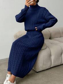 EURMUSE 2pcs Women High Neck Dropped Shoulder Long Sleeve Casual Sweater Set,Petite Co Ord,Co Ord,Petite,Winter Clothes - Navy Blue - View 5