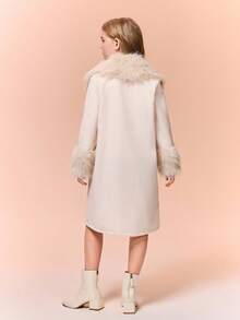 Tween Girls'white Casual Minimalist Overcoat,Fur Collar,Two Pockets,Formal Autumn Winter Outings,Commuting,Walking,Shopping,Can Be Paired With Sweater - Apricot - View 2